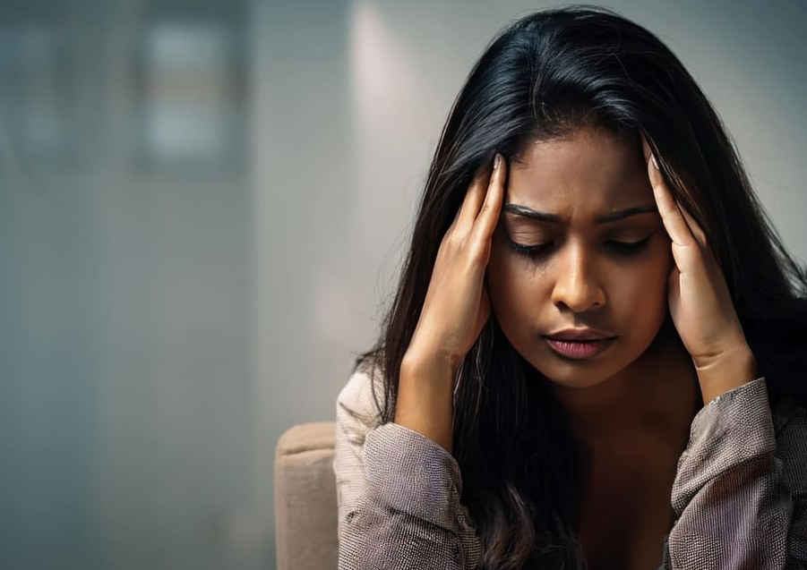 Illustration-of-a-woman-holding-her-head-in-stress
