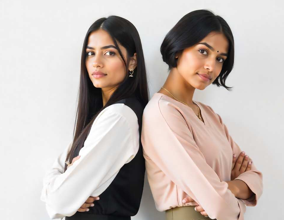 Two-Indian-women-in-their-20s-and-30s-standing-back-to-back,-representing-the-changing-symptoms-and-priorities-of-PCOS-with-age